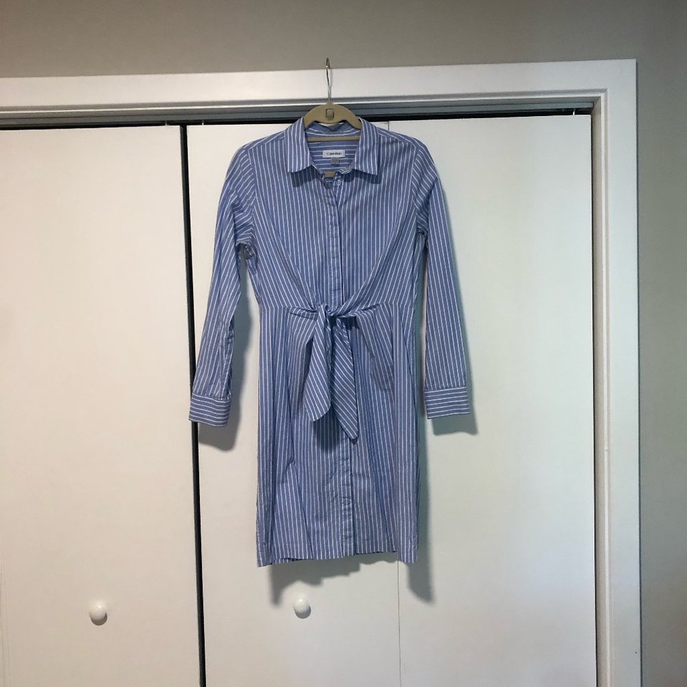 Blue and White Striped Shirt Dress with Tie - Calvin Klein